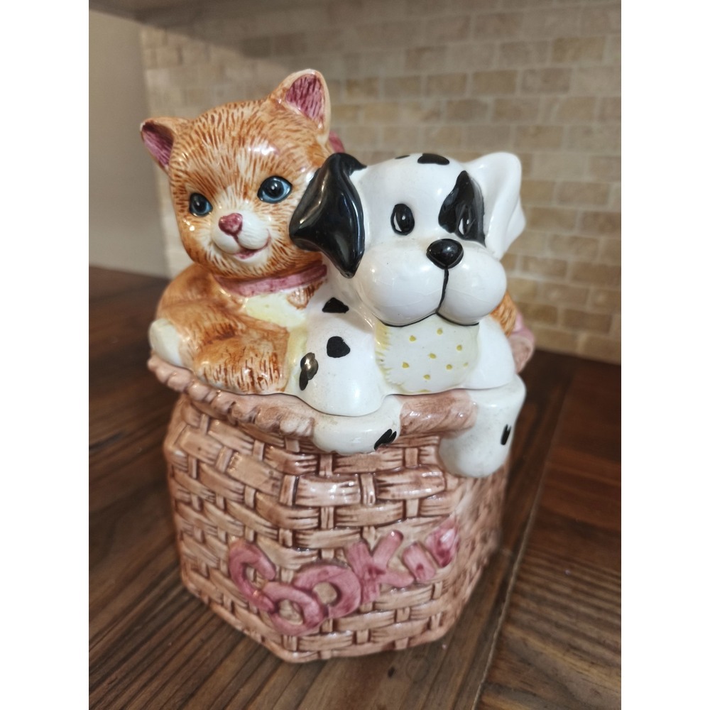 Vintage Ceramic Cat Dog Cookie Jar Basket Pink‎ Bow Cute Cottage Decor